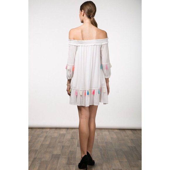 Casual Off The Shoulder Multi-Color Tassels White Dress Super Cute Comfy - Picture 6 of 13
